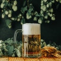 Beer and hop plant. Still life with beer and hop plant in retro style. Glass of cold foamy beer and hop on a dark background Royalty Free Stock Photo