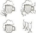 Beer icons. Mug of beer with foam, fish, branch of hops