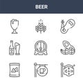 9 beer icons pack. trendy beer icons on white background. thin outline line icons such as bar, peanut, wheat . beer icon set for