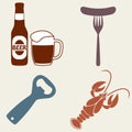Beer icons set. Beer bottle, mug, opener, crawfish. Vector symbols and design elements for restaurant, pub or cafe. Royalty Free Stock Photo
