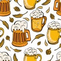 Beer icons, wheat ears, hops seamless background. Oktoberfest cartoon cute Doodle hand-drawn. Colorful details, with lots of