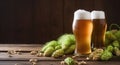 Beer and ingredients hops, wheat, barley on wood background, copy space. Generative AI Royalty Free Stock Photo