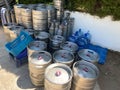 Beer kegs. many metal beer keg stand in rows Royalty Free Stock Photo