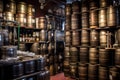 beer kegs stacked in a brewery warehouse