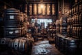 beer kegs stacked in a brewery warehouse