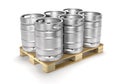 Aluminium beer kegs on a storage pallet 3d illustration.