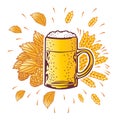 Shield beer mug with hop branches. vector