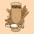 Beer label in a glass with hops, wheat spikelets and blank ribbon. Retro color, sepia sketch. Royalty Free Stock Photo