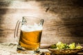 Beer in large mug stands on table next to hop Royalty Free Stock Photo