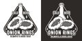 Beer logo or brewery emblem with bottle and onion rings for bar or pub. Monochrome print or label for drink beer shop