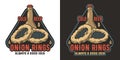 Beer logo or brewery emblem with bottle and onion rings for bar or pub. Print or label for drink beer shop