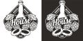 Beer logo or emblem with bottle, hops and onion rings for bar or pub. Monochrome print or label for drink beer shop or