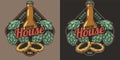 Beer logo or emblem with bottle, hops and onion rings for bar or pub. Print or label for drink beer shop or brewery
