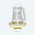 Beer logo template. Vector hand drawn beer mug illustration. Vintage style design. Can be use for brewery company, beer