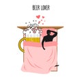 Beer lover. Beer mug and man. Lovers in bed top view. Smoking af