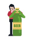 Beer lover game closes your eyes from behind. Guy and bottle of beer. Romantic relationship with alcohol. Love of alcohol.