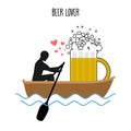 Beer lover. Man and beer mugs and ride in boat. Lovers of sailing. Man rolls meal on gondola. Rendezvous with a drink in boat on