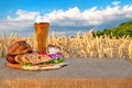 Beer, meat snacks, vegetables products in field Royalty Free Stock Photo