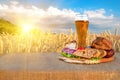 Beer, meat snacks, vegetables products in field Royalty Free Stock Photo