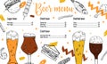 Beer menu print template. Drink glasses and food. Hand drawn vector illustration