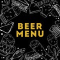 Beer menu. Rectangular frame with drink glasses and food. Hand drawn outline vector sketch illustration