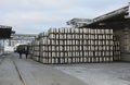 Beer metal barrels stacked in warehouse