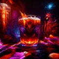 beer mug alcholic drink in bar, psychadelic glowing aura light streaks Royalty Free Stock Photo