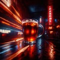 beer mug alcholic drink in bar, psychadelic glowing aura light streaks Royalty Free Stock Photo