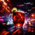 beer mug alcholic drink in bar, psychadelic glowing aura light streaks Royalty Free Stock Photo