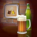 Beer mug, bottle, brick wall. Two mugs of beer in the frame. Vector Royalty Free Stock Photo