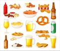 Beer in Mug, Bottle and Different Snacks and Crispy Appetizers Big Vector Set