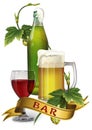 Beer mug, bottle, hops, glass of wine and ribbon Royalty Free Stock Photo