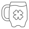 Beer mug and clover thin line icon. Irish pub alcohol drink in glass outline style pictogram on white background Royalty Free Stock Photo