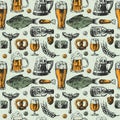 Beer mug and food products seamless pattern vector background with fish, drink in glass Royalty Free Stock Photo