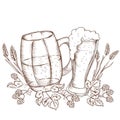 Beer mug and glass with hops and barley plant ears, engraved hand drawn vector.