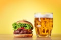 Beer mug and hamburger Royalty Free Stock Photo