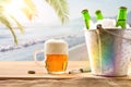 Beer mug and ice bucket filled with beer bottles beach Royalty Free Stock Photo