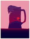 Beer mug illustration with sunset inside.