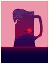 Beer mug illustration with sunset inside. Royalty Free Stock Photo