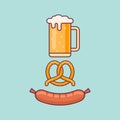 Beer mug, pretzel and sausage. Oktoberfest flat style concept.