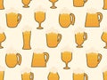 Beer mug seamless pattern. Beer with foam in glasses of various shapes. Stem glass goblets and beer mugs. Design for posters,