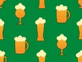 Beer mug seamless pattern. Beer with foam in glasses of various shapes. Stem glass goblets and beer mugs. Design for posters,
