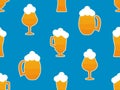 Beer mug seamless pattern. Beer with foam in glasses of various shapes. Stem glass goblets and beer mugs. Design for posters,