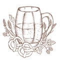 Beer mug with pretzels and hops, barley ears, hand drawn vector.