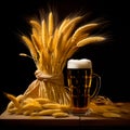 Beer in mug with wheat ears spikelets on black background. Mugs with drink like Ipa, Pale Ale, Pilsner, Porter or Stout Royalty Free Stock Photo