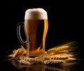 Beer in mug with wheat ears spikelets on black background. Mugs with drink like Ipa, Pale Ale, Pilsner, Porter or Stout Royalty Free Stock Photo