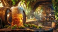 Beer mug with wheat and hops in cellar ambiance with barrel. Ai Generated