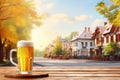 Beer mug on a wooden table with an autumnal village backdrop, warm sunshine. Royalty Free Stock Photo
