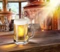Beer mug on wooden table and copper brewing cask at the background Royalty Free Stock Photo
