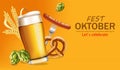 Beer mugs banner October fest Vector realistic. Fresh sparkling beer with pretzel. 3d detailed illustration templates